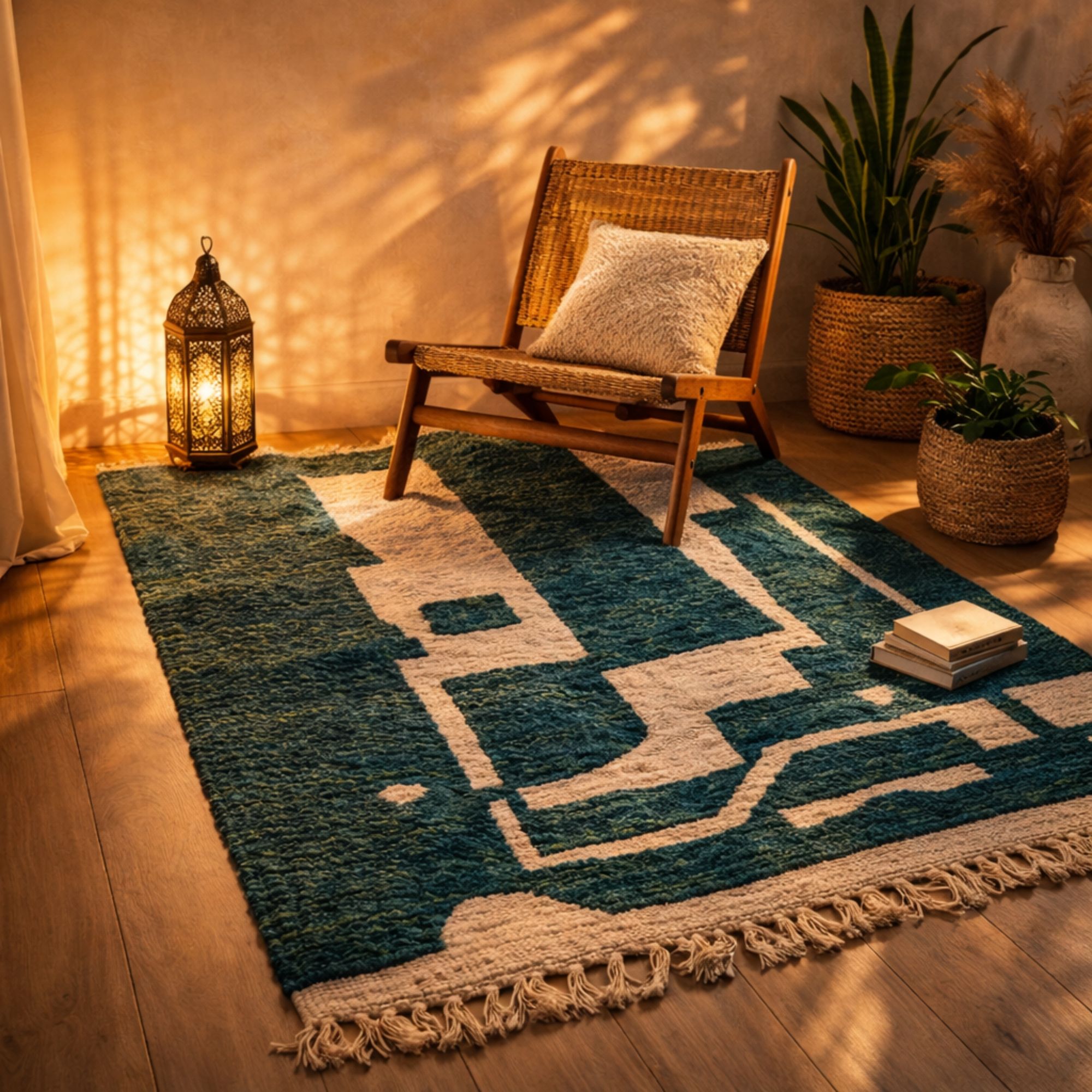 Moroccan Berber Rug — Teal Heritage Rug — Tribal Inspi... - Hand-knotted Moroccan rug, front view showing Moroccan Berber Rug — Teal Heritage Rug — Tribal Inspi... texture and colors