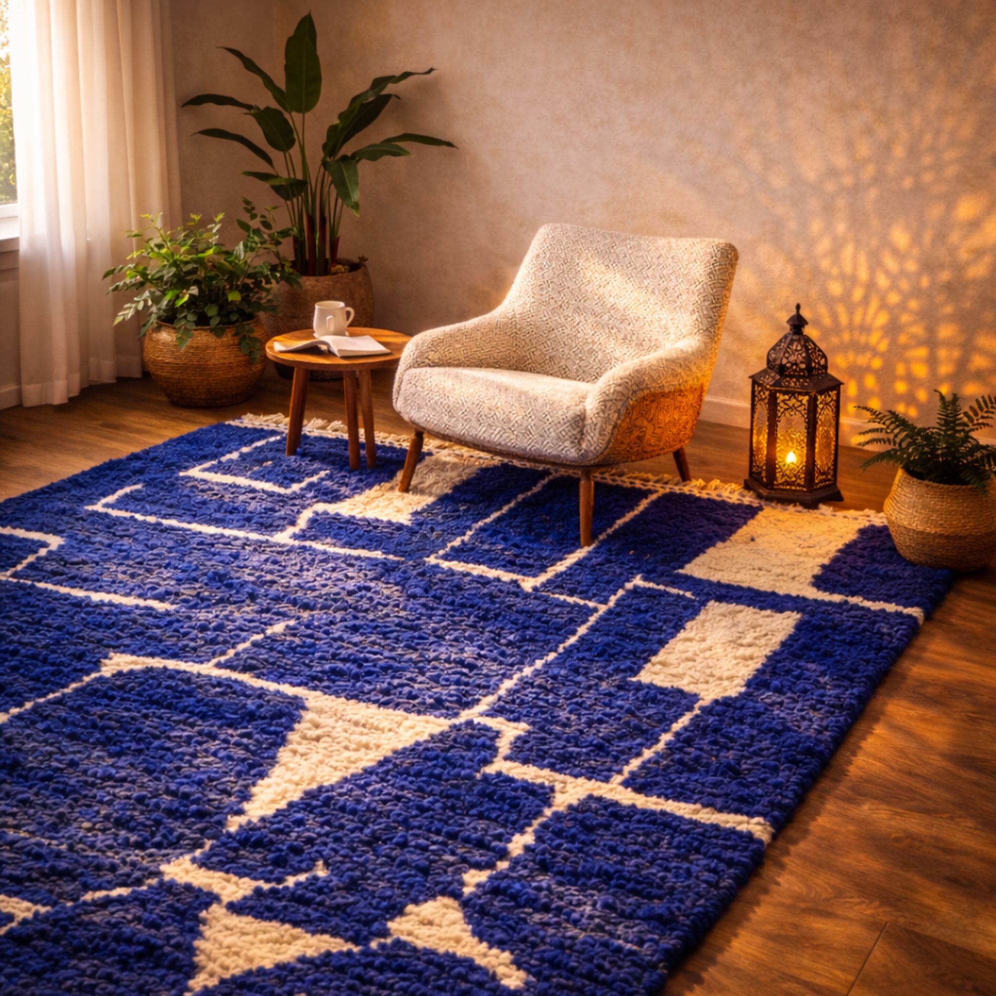 Custom Moroccan Rug — Cobalt Berber Rug — Geometric Ar... - Hand-knotted Moroccan rug, front view showing Custom Moroccan Rug — Cobalt Berber Rug — Geometric Ar... texture and colors