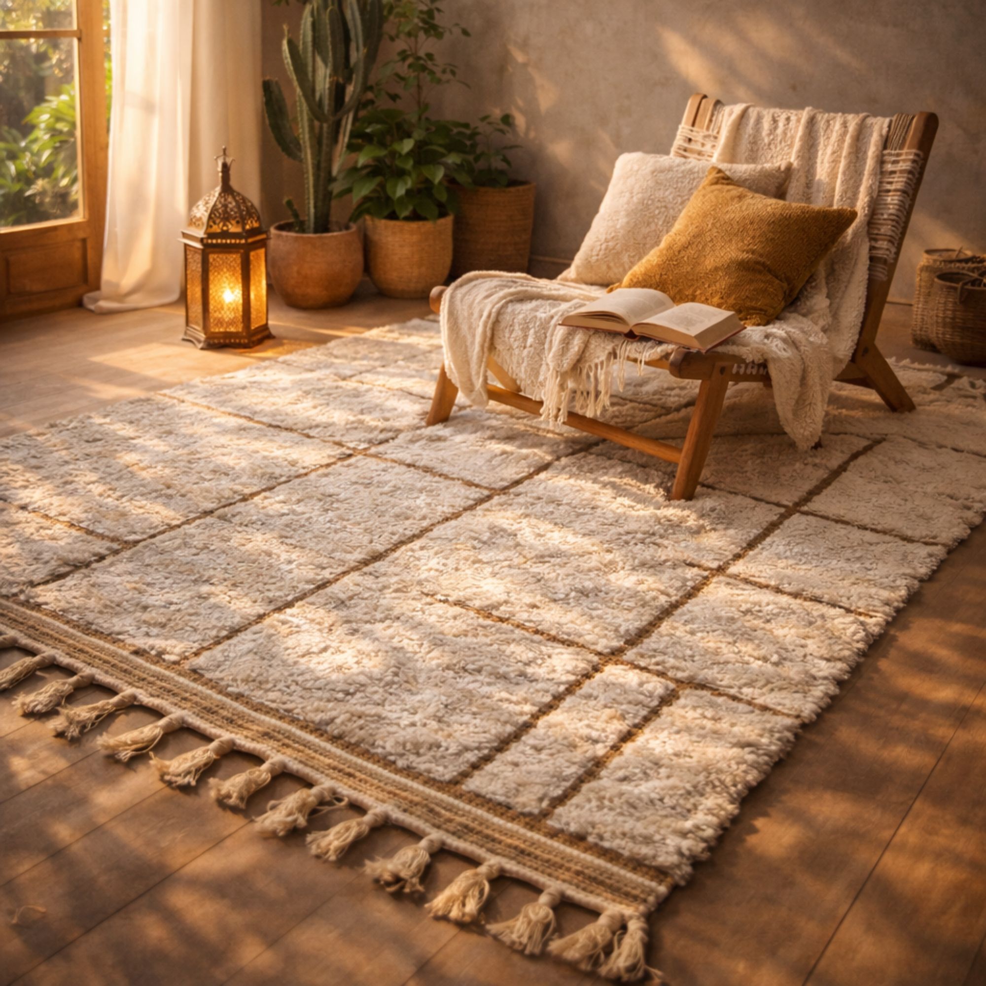 Custom Moroccan Rug — Ivory Berber Rug — Minimalist Grid — Var 1 - Hand-knotted Moroccan rug, front view showing Custom Moroccan Rug — Ivory Berber Rug — Minimalist Grid — Var 1 texture and colors