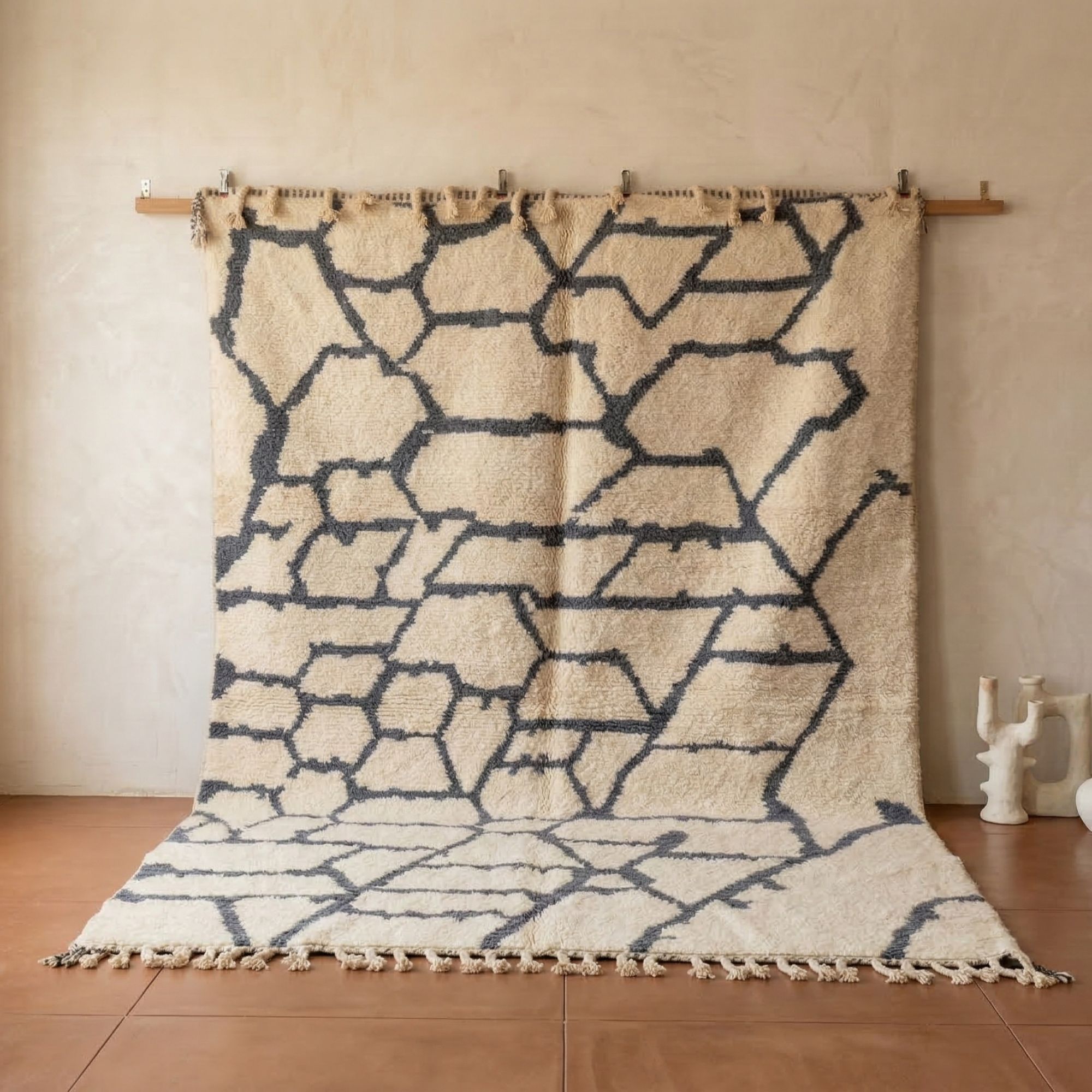 Moroccan Rug 8x10 — Ivory Berber Rug — Charcoal Geometric Style - Hand-knotted Moroccan rug, front view showing Moroccan Rug 8x10 — Ivory Berber Rug — Charcoal Geometric Style texture and colors