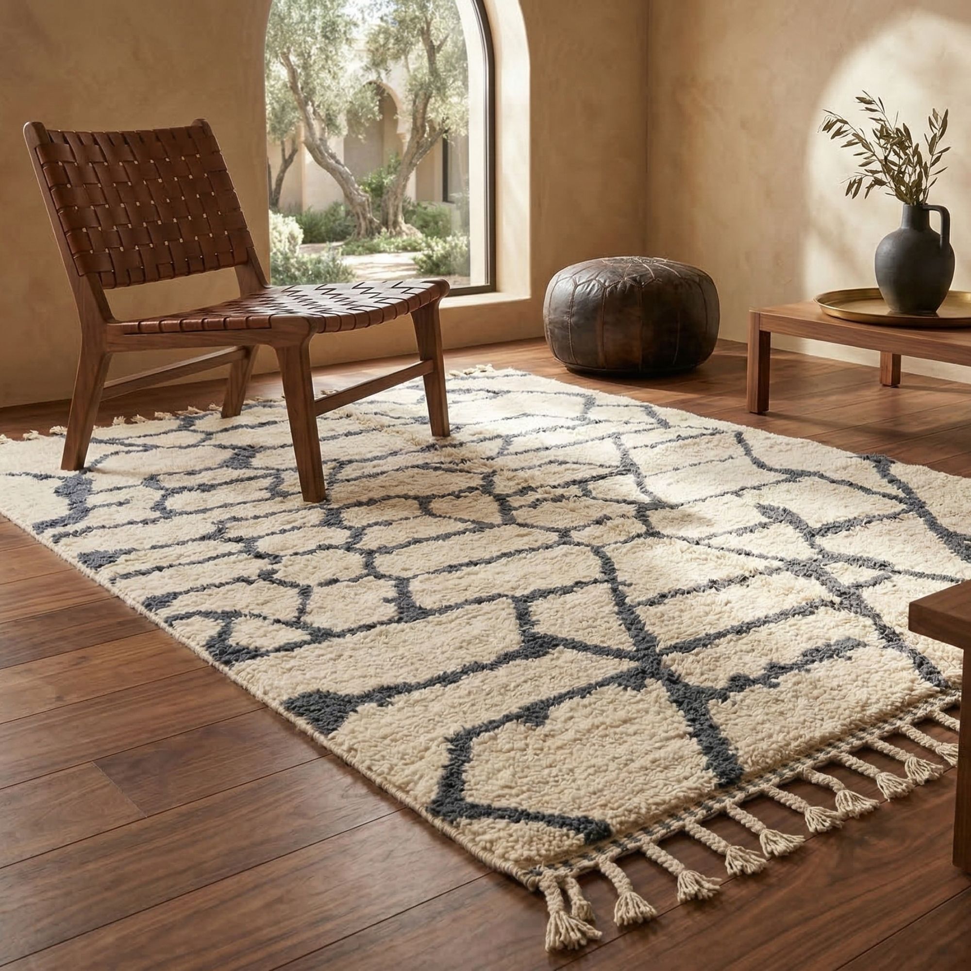 Moroccan Berber Rug — Heritage Ivory Rug — Organic Tri... - Hand-knotted Moroccan rug, front view showing Moroccan Berber Rug — Heritage Ivory Rug — Organic Tri... texture and colors
