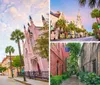 A picturesque street view showcasing historic architecture with a steeple towering in the background under a sky dotted with fluffy clouds