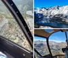 A person wearing sunglasses and a headset is looking out the window of a helicopter at a scenic landscape below