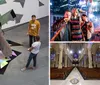 A group of people is viewing and taking photographs of a large colorful painting in an art gallery