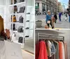 A person is smiling for the camera inside a boutique with bags and shoes on display wearing sunglasses and a teddy coat and holding a shopping bag