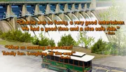 The image shows a trolley bus in a scenic area with positive customer review quotes superimposed over the view of a waterfall.