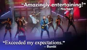 The image captures a dynamic stage performance with dancers and a guitarist, accompanied by glowing reviews from Norbert and Bambi.