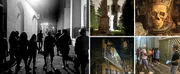 The image is a collage of four photographs that capture various scenes suggesting a theme of spookiness or haunting, likely connected to a ghost tour or exploring haunted locations at night, with images showing a group of people walking down an alleyway, a statue silhouetted against a building, a decorative skull, and a group listening to a guide outside an old house.