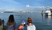 Three people are observing a dolphin leaping out of the water at a marina with boats and a clear sky in the background.