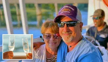 A couple wearing sunglasses enjoys a relaxed moment on a boat, with an inset image of two champagne glasses clinking.
