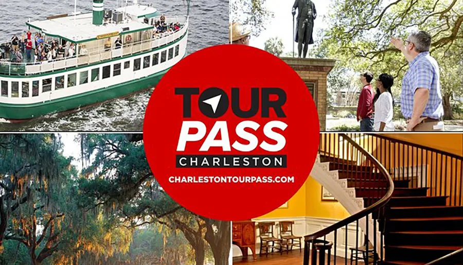 The image is a promotional collage for the Tour Pass Charleston featuring a ferry boat, people gazing at a statue amidst trees, and an elegant staircase, suggesting a variety of tour experiences available in Charleston.