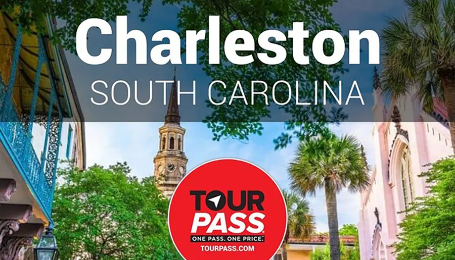 This promotional image showcases the charming architecture and lush greenery of Charleston, South Carolina, alongside an advertisement for a tourism pass.