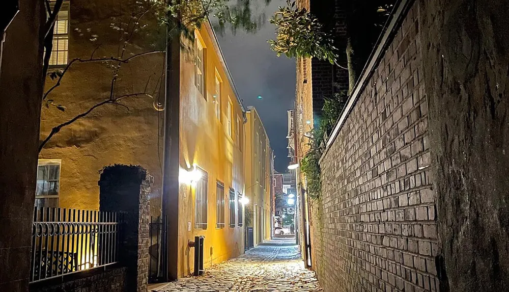 An illuminated cobblestone alleyway flanked by old buildings at night exuding a quaint and historic ambiance