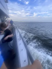 Passengers are standing by the railing of a boat, looking out at the ocean and the distant shore under a cloudy sky.