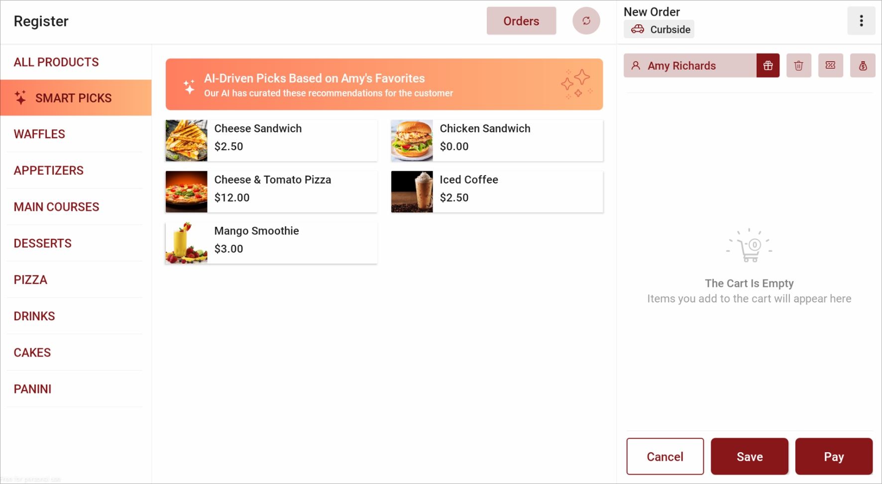 Applova POS Register screen showing AI Smart Picks recommendations curated for the customer at checkout