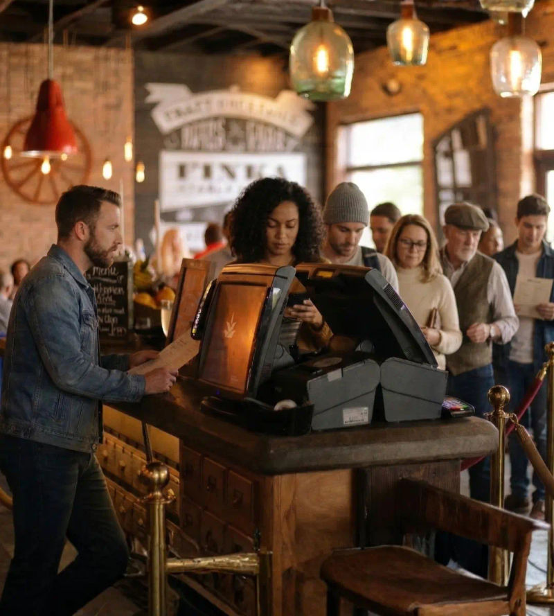 Customers queuing to order at a traditional staffed restaurant counter