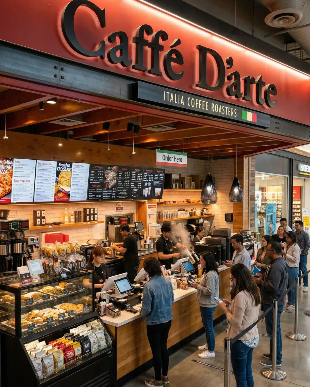 Traveler using digital ordering in a busy airport
