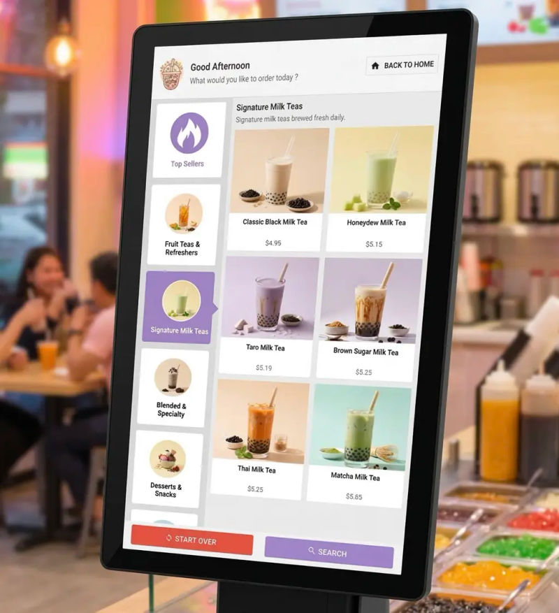Applova kiosk screen showing a boba tea shop menu with the shop’s own branding and drink photography