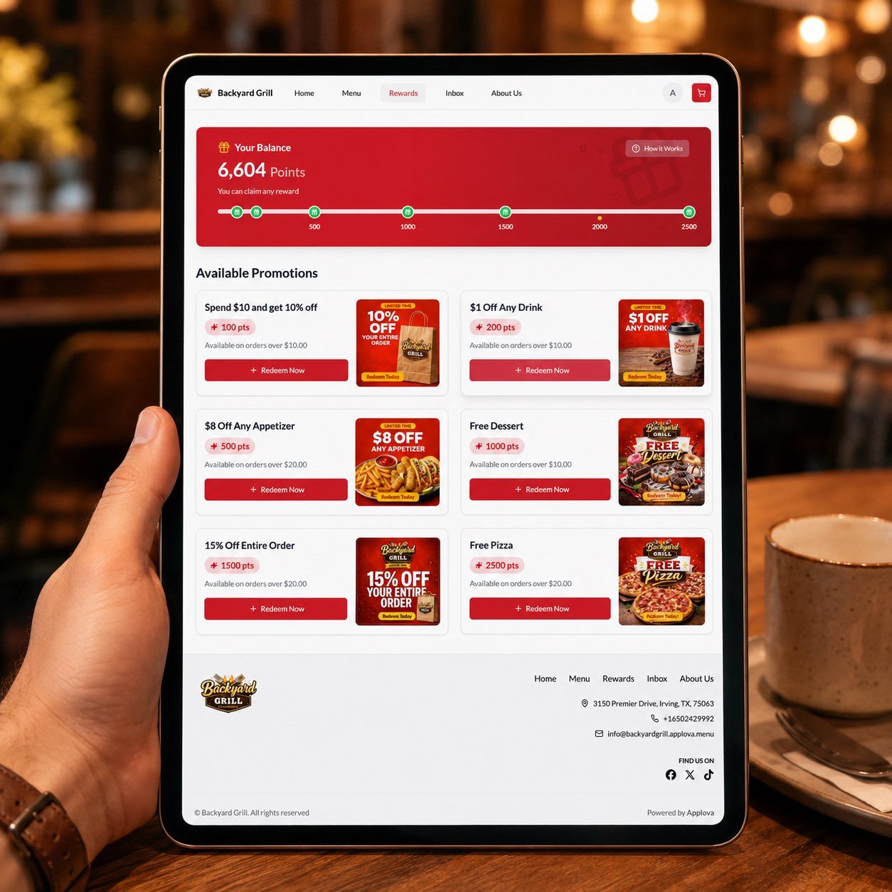 Tablet displaying the rewards section of the online store