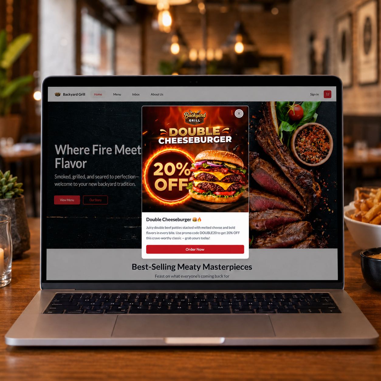 Tablet displaying promotional banner with promo code field surrounded by fresh ingredients