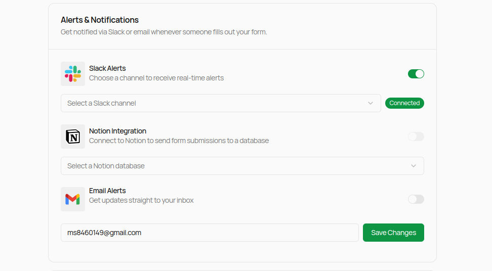 Slack integration UI preview