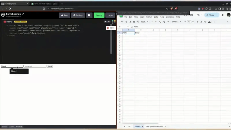 Screenshot of a new row appearing in Google Sheet after submission