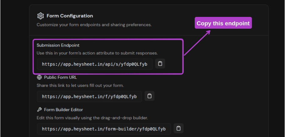 Screenshot of HeySheet form endpoint