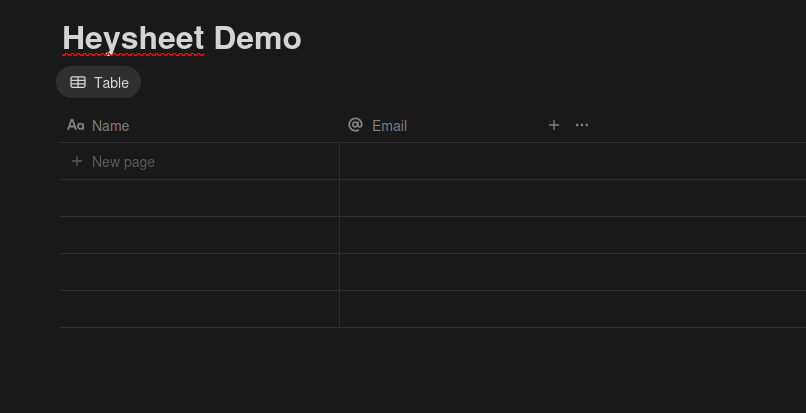 Screenshot of Notion database with Name and Email columns
