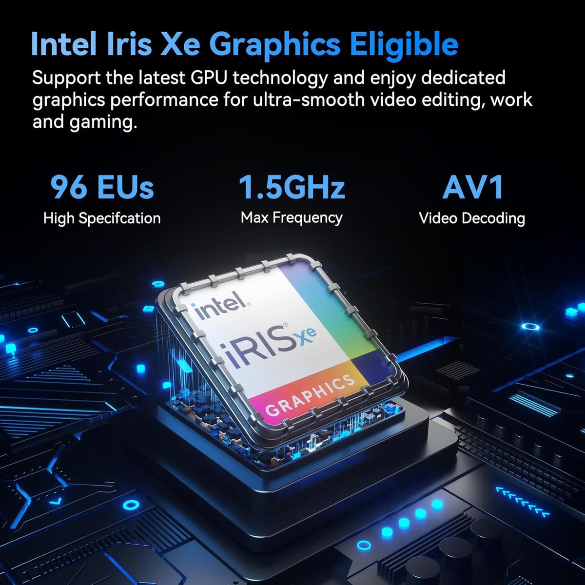 （圖為 iRIS Xe MAX 的規格。i7 等級才有 MAX；i5 內顯有 80EUs ，對一般直播用途而言，具備完整支援的 QSV / Intel Quick Sync Video 硬體編碼能力即可滿足需求，而且 iRIS 可以解碼現在串流的主力 AV1 / AOMedia Video 1 格式）