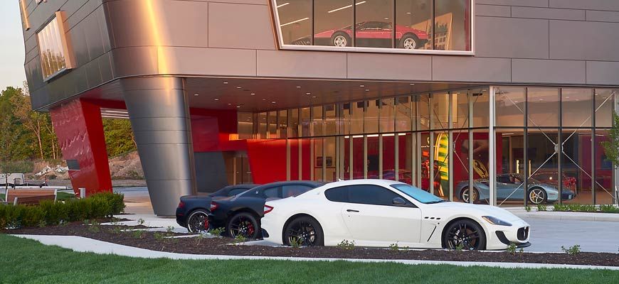 Exterior of 2-story Ferrari car dealership