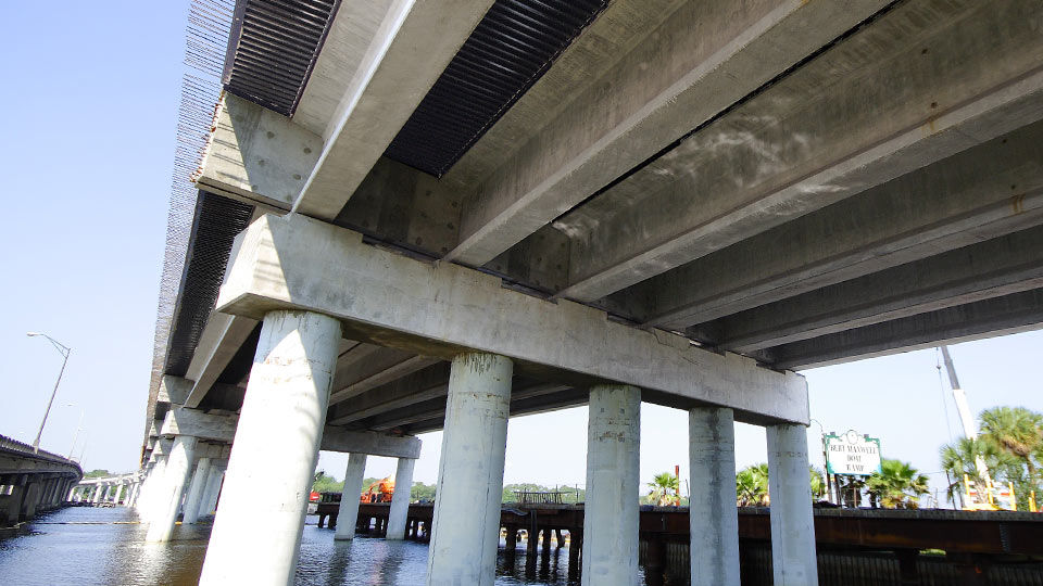 View under bridge showing polymer-coated bridge deck forms