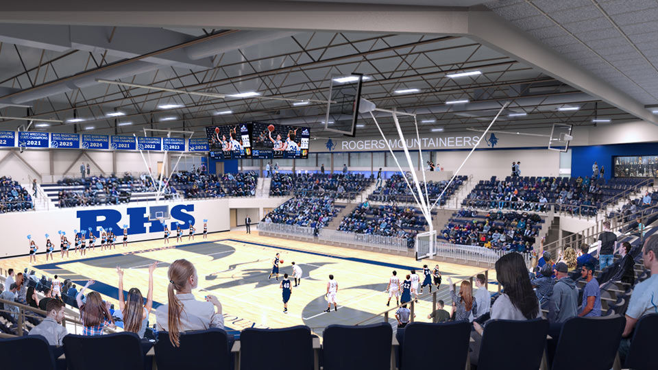 Interior rendering of gymnasium showing exposed long-span joist girders