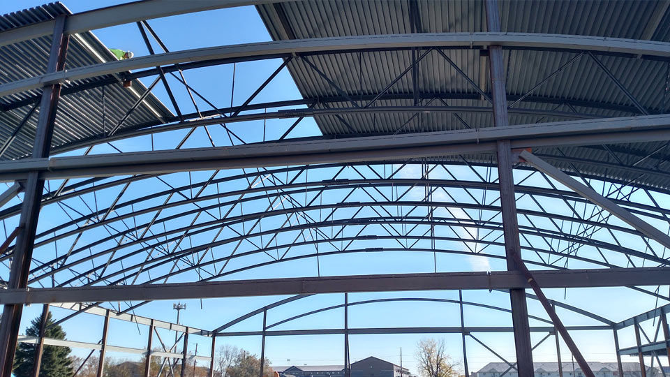 Detail of barrel joist with standard roof deck under construction