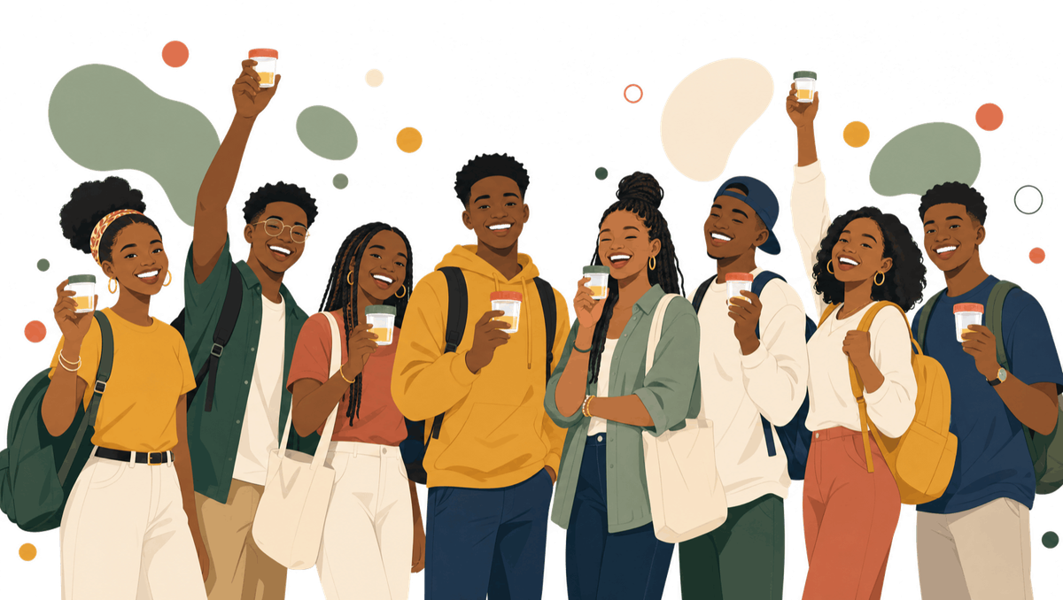 A group of Nigerian university students holding their drug screening sample cups
