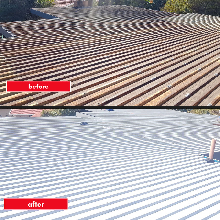 A weathered metal roof before, and after a reflective coating