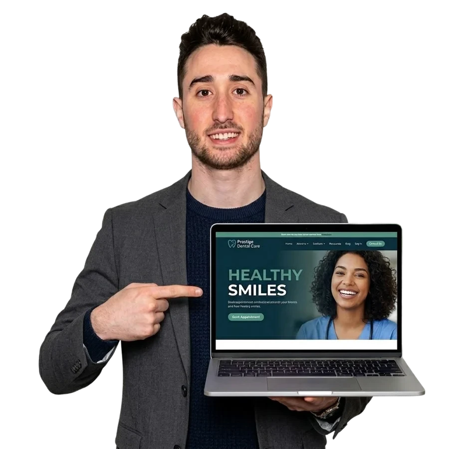 Marc Friedman with a laptop showing a dental practice website mockup