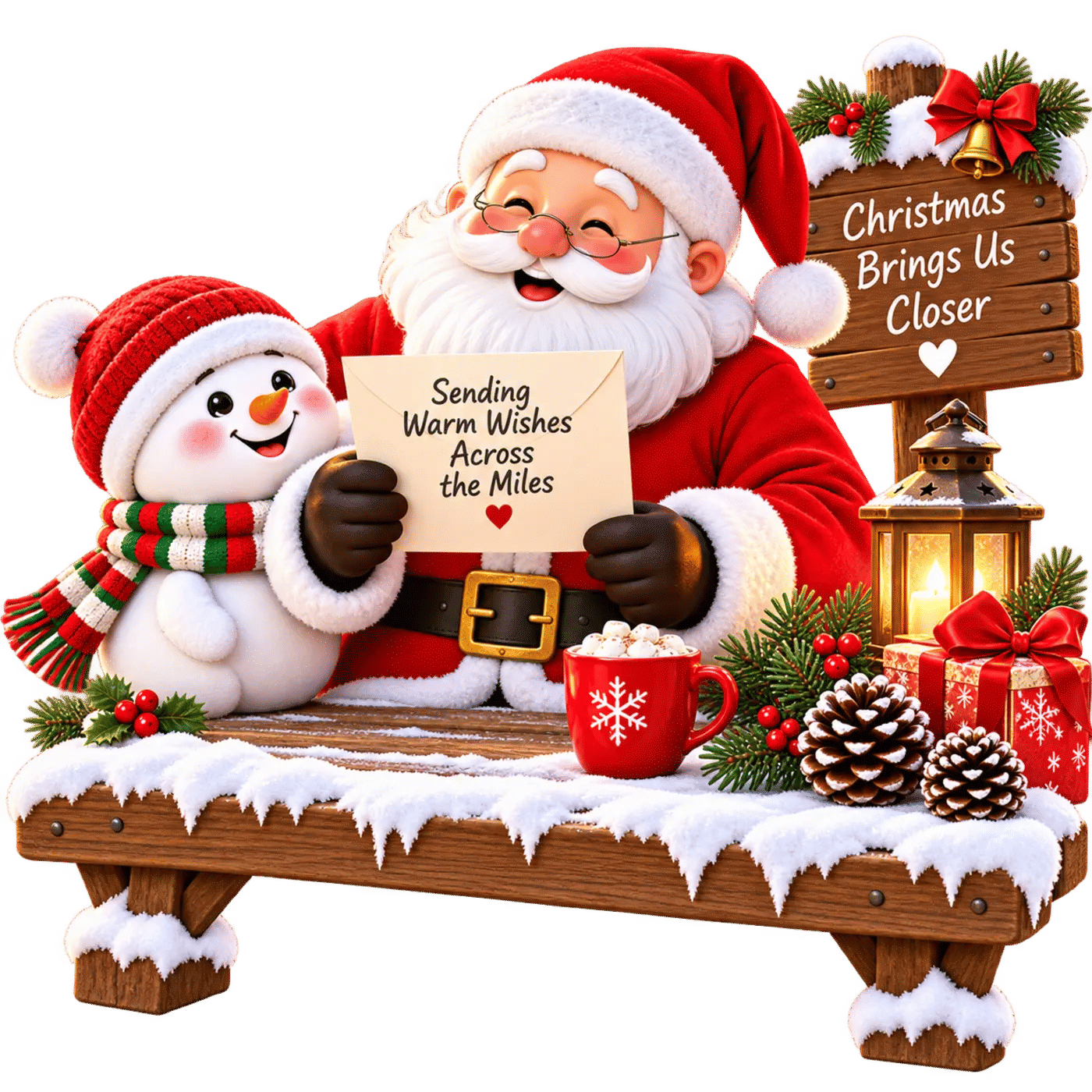 Santa Claus and Snowman Sending Warm Wishes Across the Miles