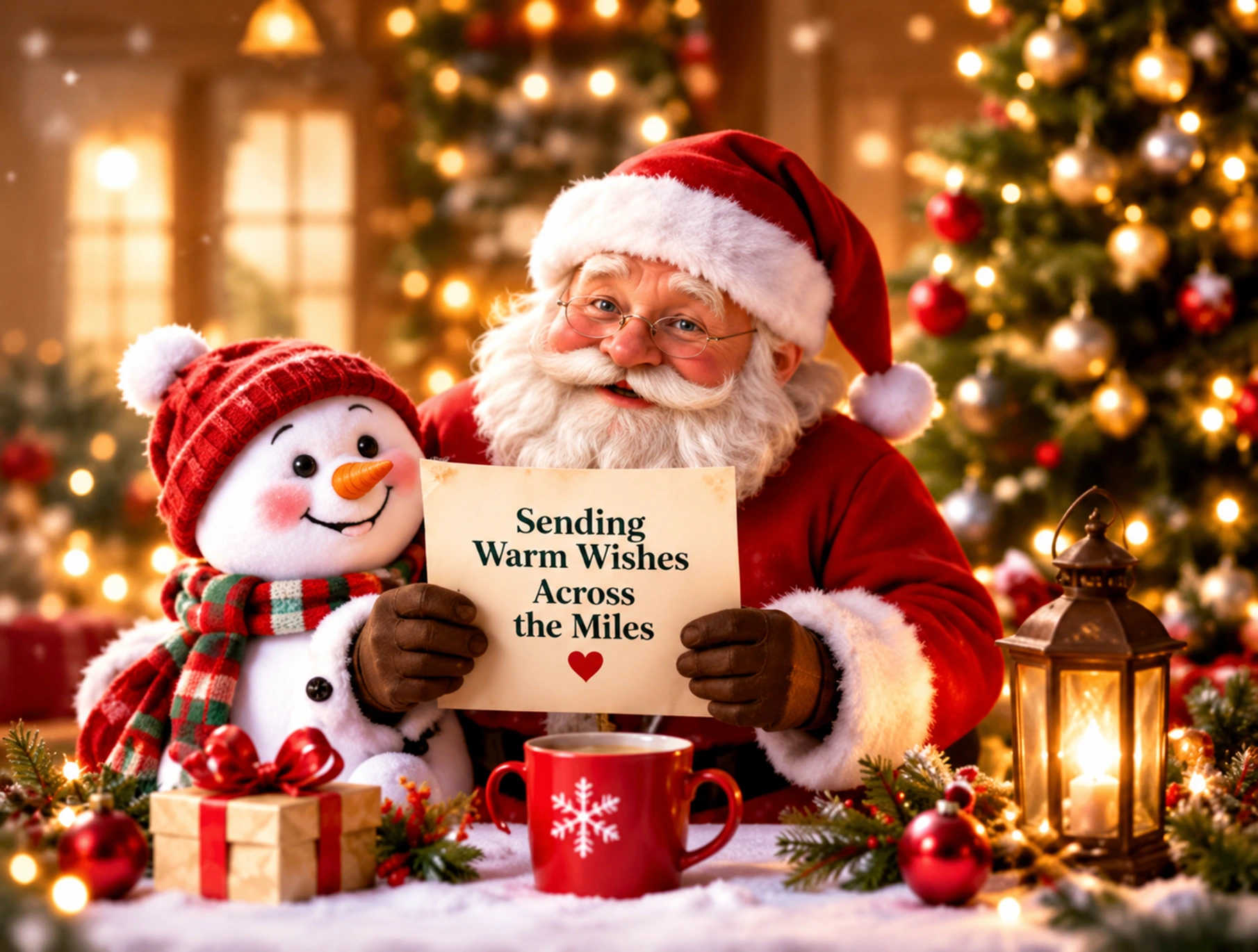 Santa Claus and snowman sending warm wishes