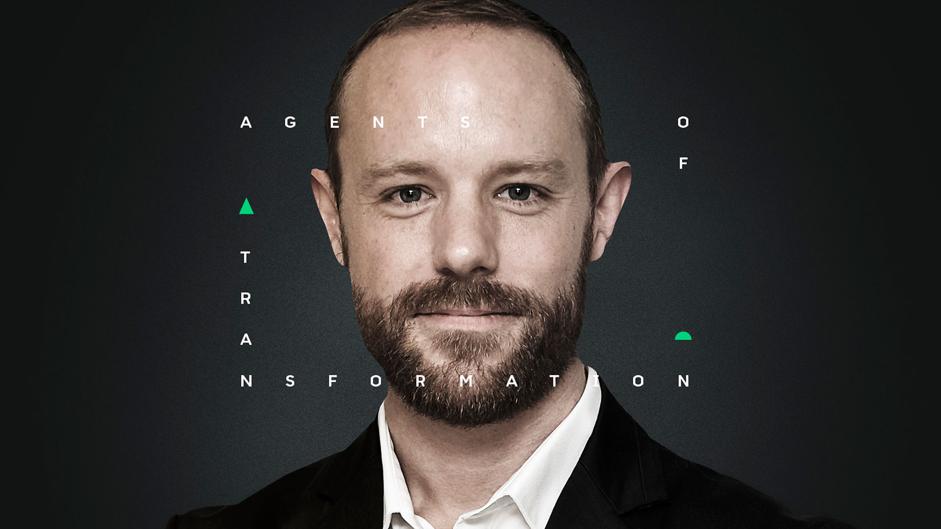 A headshot of a smartly dressed person, with Agents of Transformation text graphic placed ontop