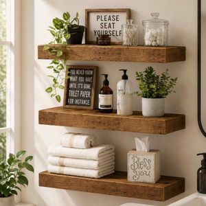 QEEIG Floating Shelves for Wall Bathroom Shelf Bedroom Kitchen Living Room Hanging Book Shelves Small Farmhouse Decor 16 inch Set of 3, Rustic Brown (015-BN3)