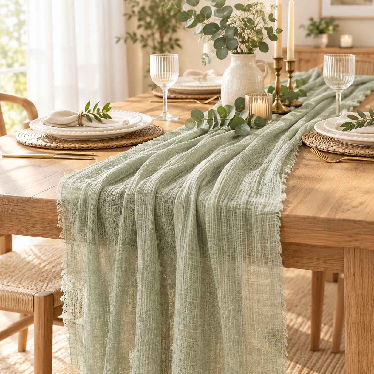 Sage Green Cheesecloth Table Runner