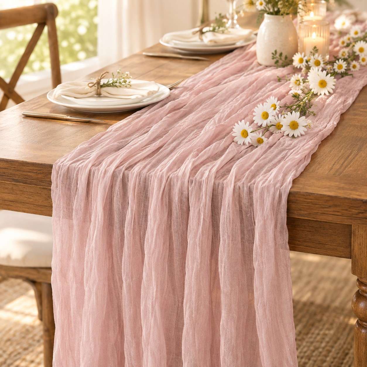 Pink Boho Cheesecloth Table Runner