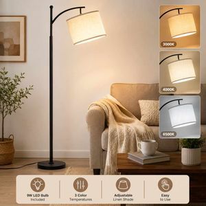 Ambimall Tall Floor Lamps with 3 Color Temperatures Bulb & Adjustable Linen Shade, for Living Room, Bedroom, Office, Classroom, Dorm Room (9W Bulb Included), Beige & Black, 60"