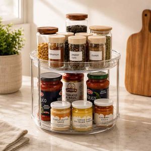 LAMU 2 Tier Lazy Susan Turntable Organizer 9.25'' Rotating Spice Rack Organization for Cabinet, Kitchen, Pantry, Countertop, Bathroom, Vanity, Medicine Cabinet Organizer, Clear
