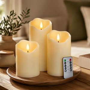 Homemory Flickering Flameless Candles, Realistic LED Candles with Remote and Timer, Real Wax Battery Operated Candles, Set of 3, Ivory