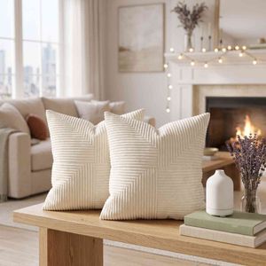 MIULEE Pack of 2 Corduroy Decorative Throw Pillow Covers 18x18 Inch Soft Boho Striped Pillow Covers Modern Farmhouse Home Decor for Sofa Living Room Couch Bed Cream White