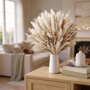 96PCS Natural Dried Pampas Grass Boho Home Decor Bouquet Phragmites Dried Flowers Bouquet for Wedding Floral Arrangements Living Room Decorations (96PCS)