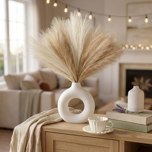 ZIFTY 6-Pcs 17" Pampas Grass Faux Pompas Fluffy Artificial Fake Flower Boho Decor for Vase Filler Ins Style Modern Home Wedding Decorations (Beige Mixed)