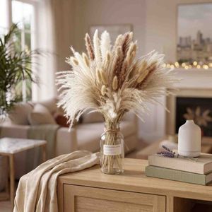 Pampas Grass Decor 110 pcs 17.5inch Natural Dried Pampas Grass-15Pcs White Pampas & 15Pcs Brown Pampas & 50Pcs Reed Grass& 30Pcs Bunny Tail Grass,Fluffy Dried Flowers for Home Decor Wedding Boho Decor