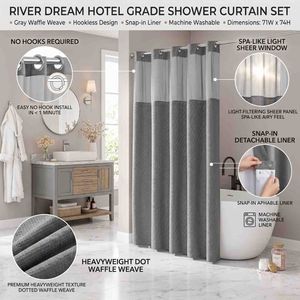 River Dream Heavyweight Grey No Hooks Required Dotted Waffle Weave Shower Curtain with Snap in Liner - 71W x 74H,Hotel Grade,Spa Like Bath Curtain,Gray